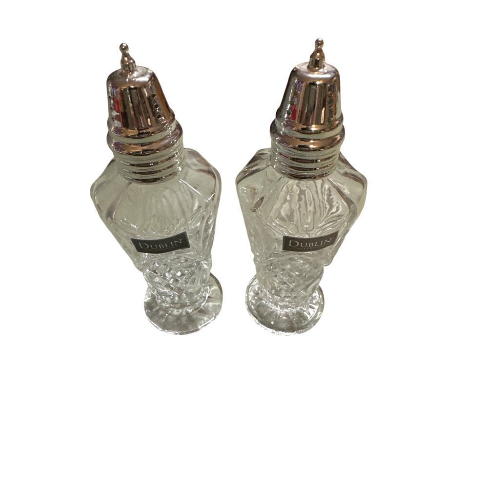 Dublin Crystal Collection Salt & Pepper Shakers Set Cut Glass Silver Tone Tops 6 - Picture 2 of 3